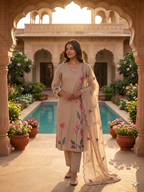 Beige Appliqué Floral Straight Kurta