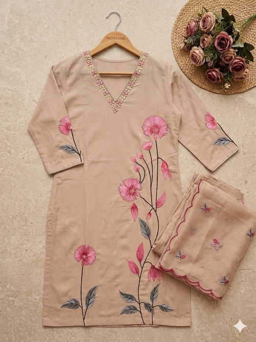 Beige Appliqué Floral Straight Kurta