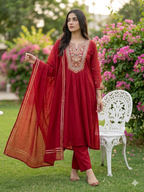 Red Cotton Blend Embroidered Kurta Set with Dupatta