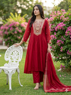 Red Cotton Blend Embroidered Kurta Set with Dupatta