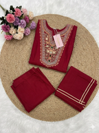 Red Cotton Blend Embroidered Kurta Set with Dupatta