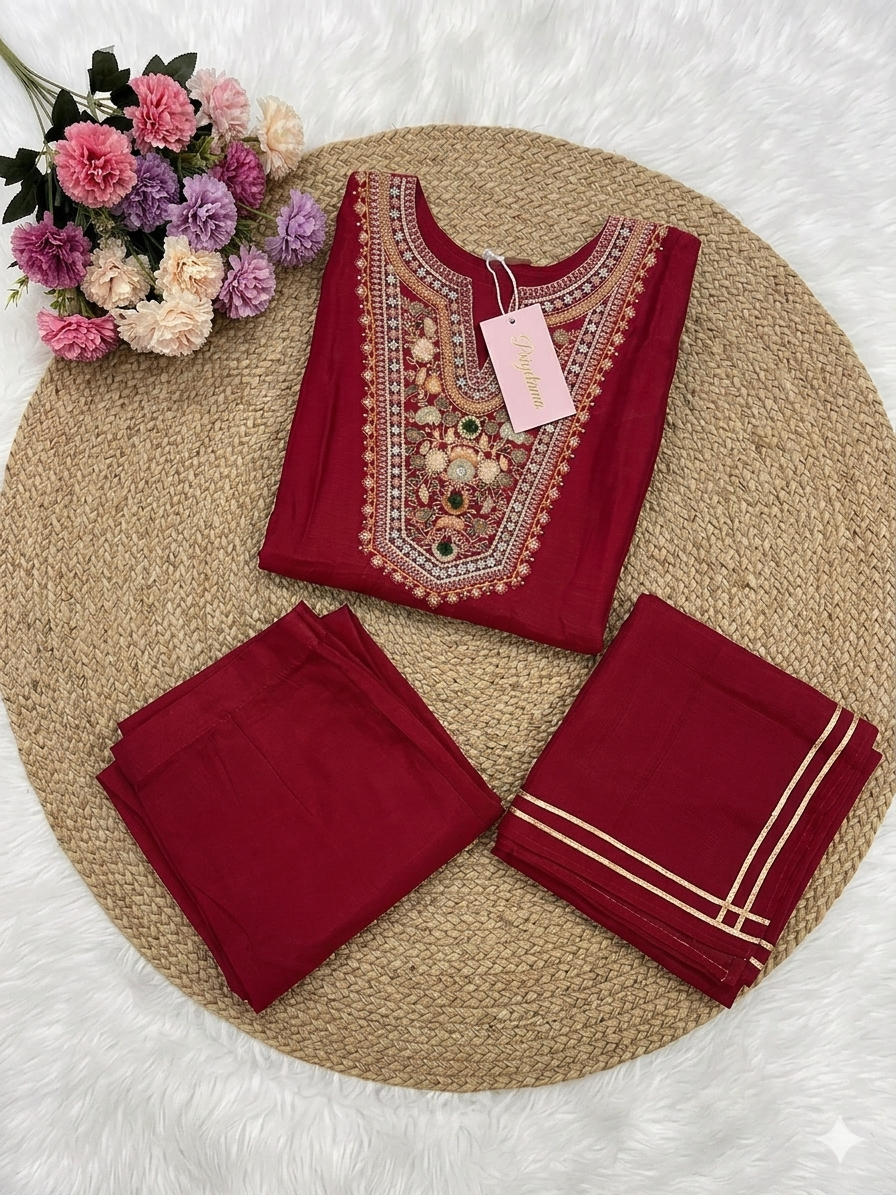 Red Cotton Blend Embroidered Kurta Set with Dupatta