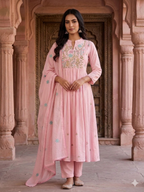 Pink Floral Embroidered Chanderi Silk Anarkali Suit Festive Wear