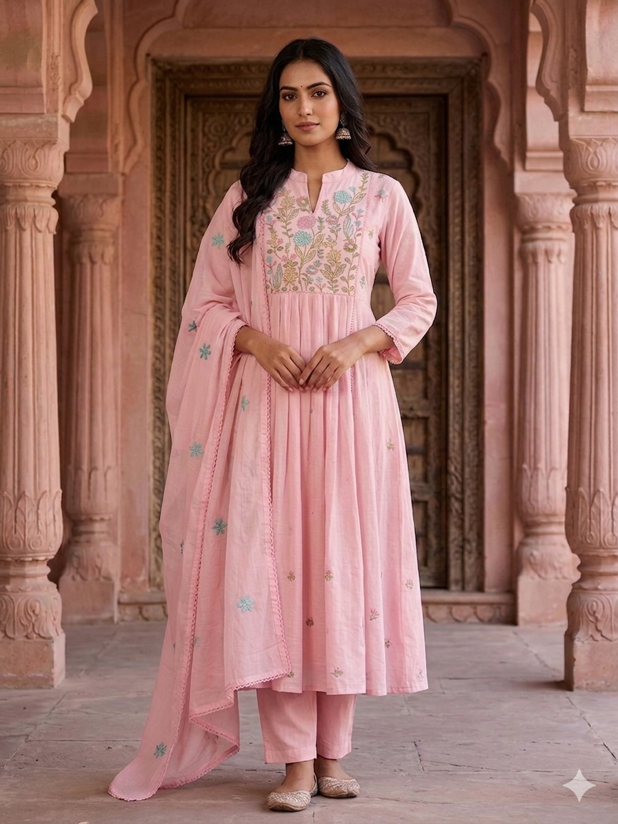 Pink Floral Embroidered Chanderi Silk Anarkali Suit Festive Wear