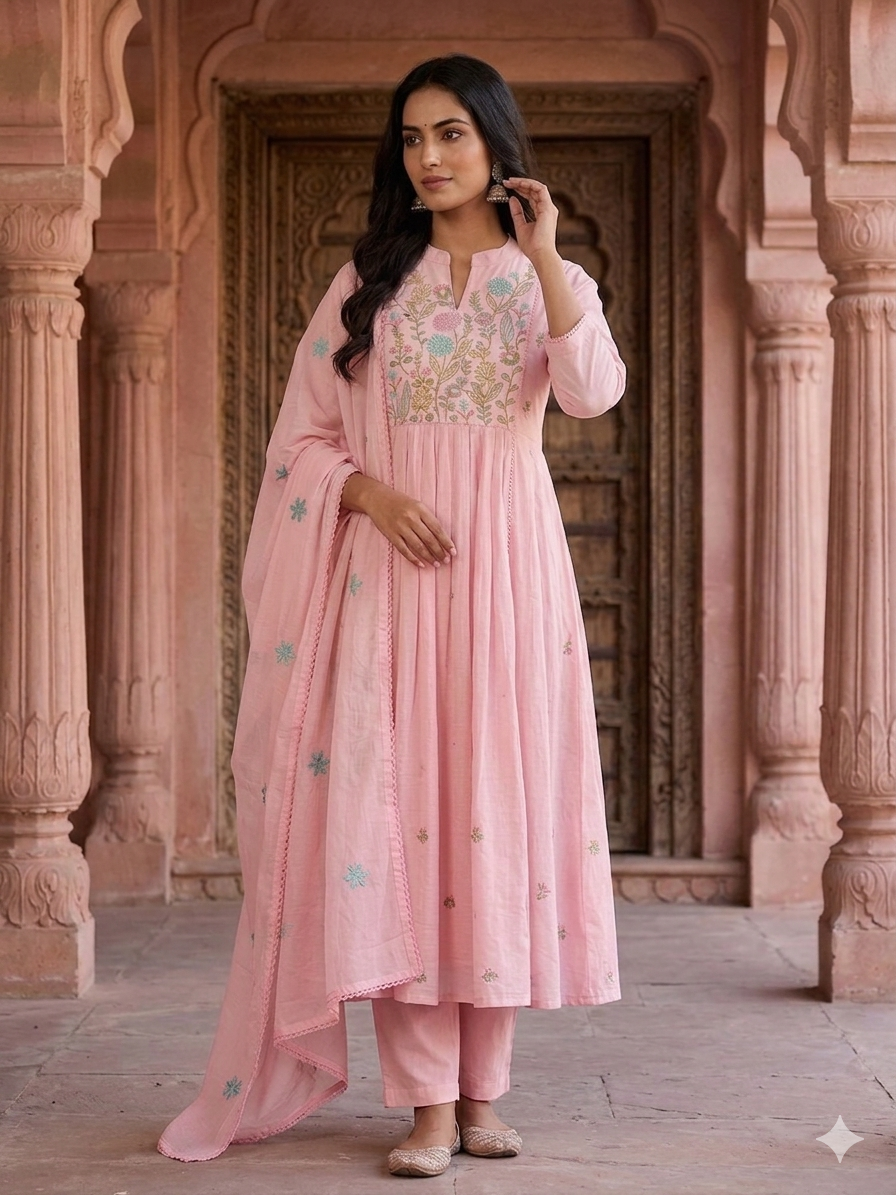 Pink Floral Embroidered Chanderi Silk Anarkali Suit Festive Wear