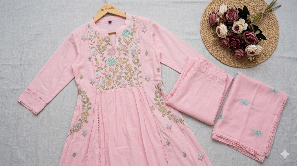 Pink Floral Embroidered Chanderi Silk Anarkali Suit Festive Wear