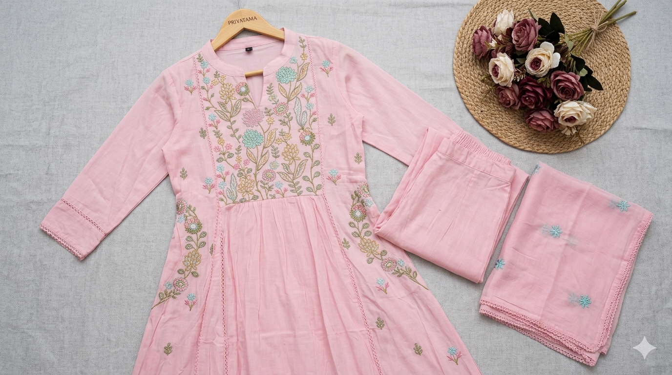 Pink Floral Embroidered Chanderi Silk Anarkali Suit Festive Wear