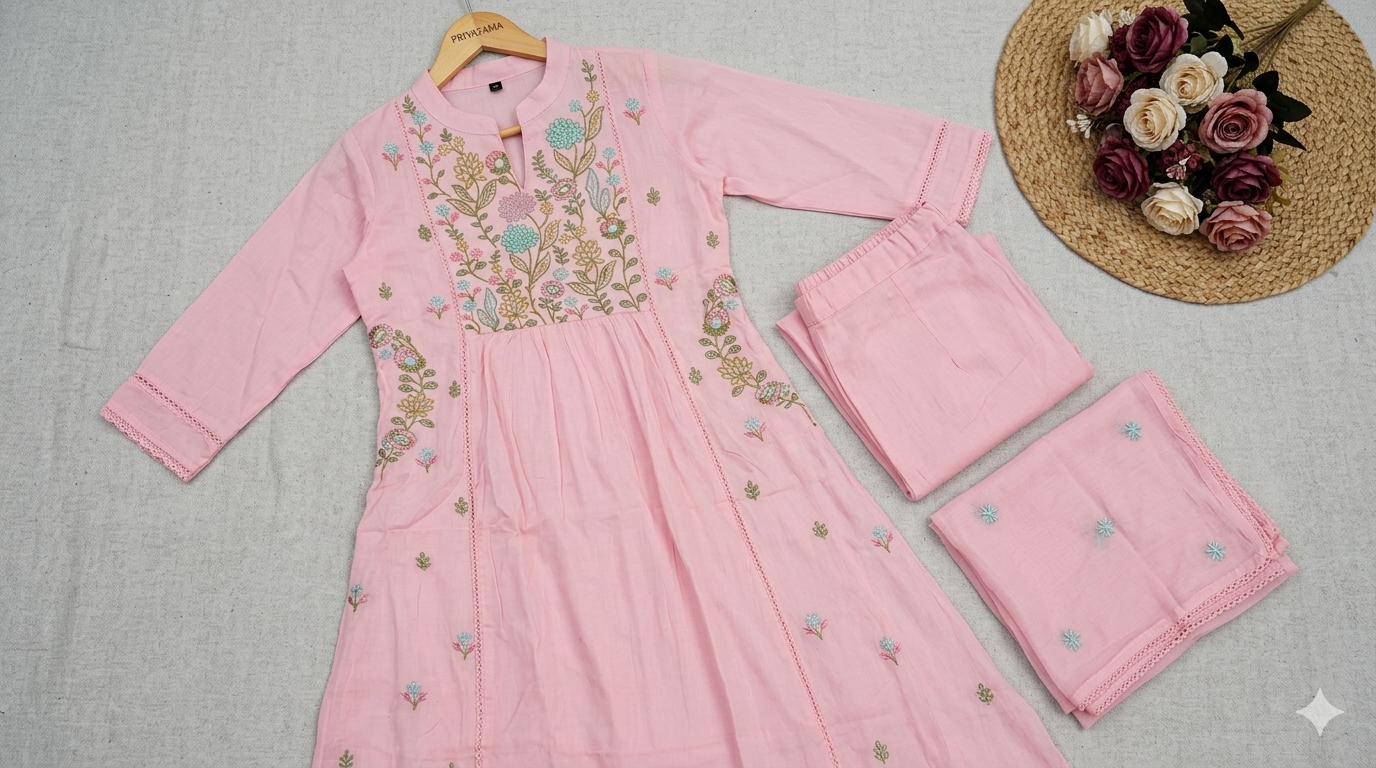 Pink Floral Embroidered Chanderi Silk Anarkali Suit Festive Wear