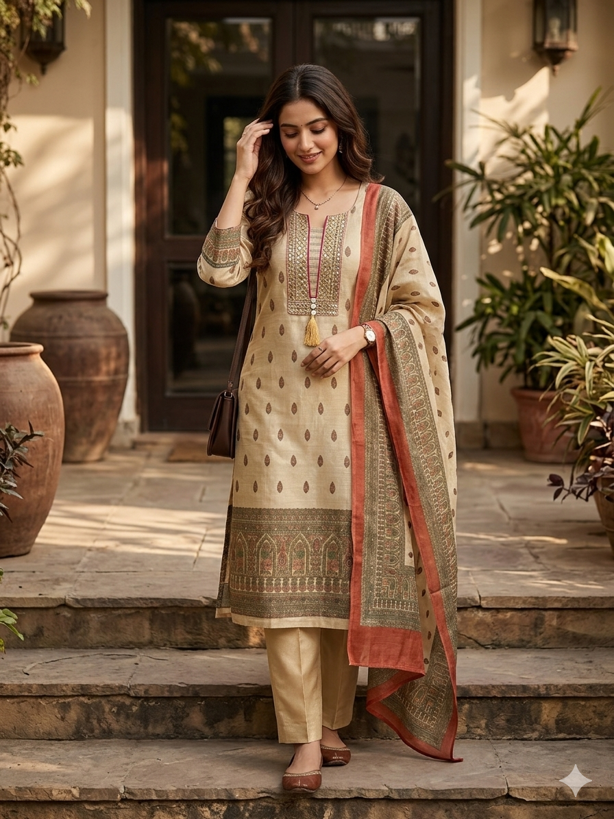 Libas Ivory Printed Silk Blend Kurta Set