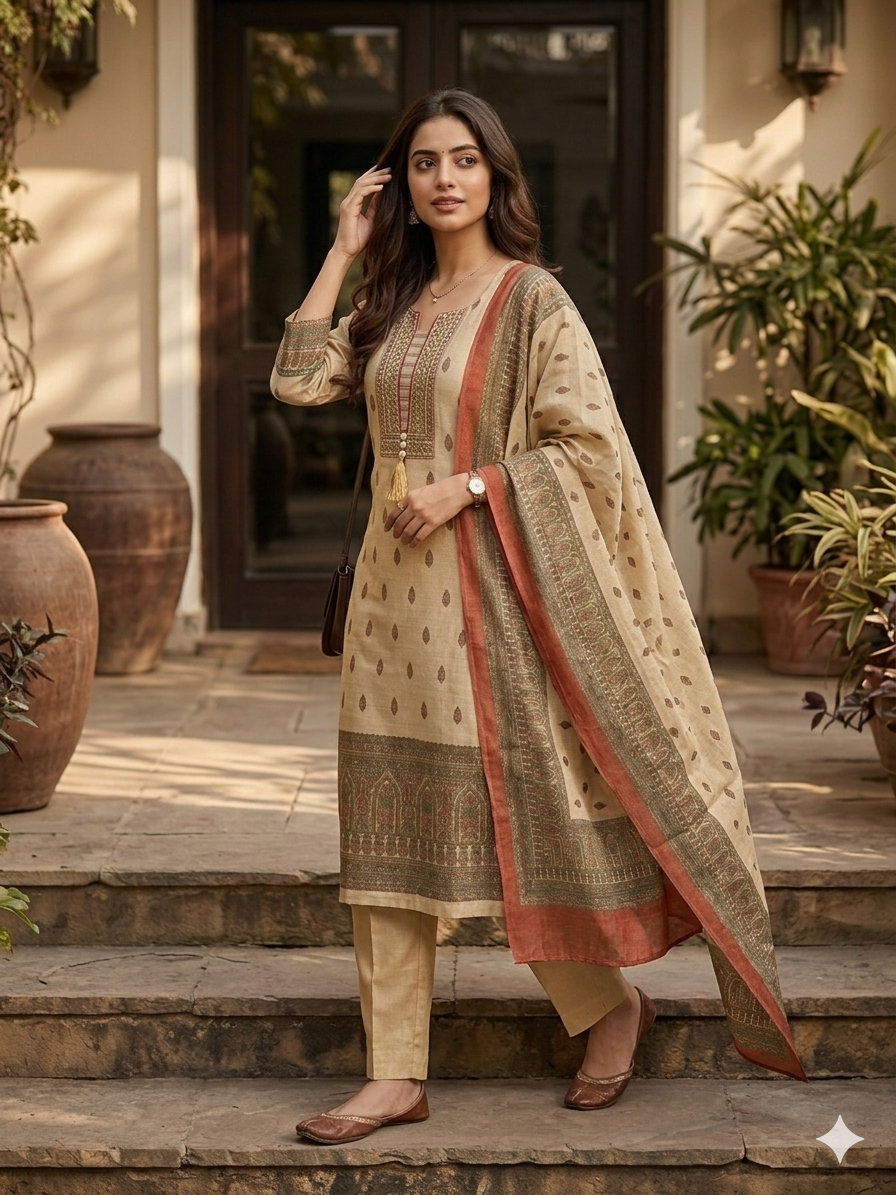 Libas Ivory Printed Silk Blend Kurta Set